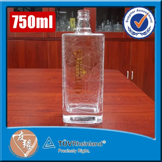 Wholesale rectangle shaped beautiful embossed golden decal 750ml empty liquor bottles sale