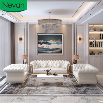 Elegant White Leather Luxury Sofa Set with Metal Accents for Modern Home Living Rooms in China