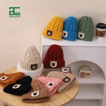 Custom Knitted Hats for Children - Woolen Cotton Hat with Cartoon Bear Applique