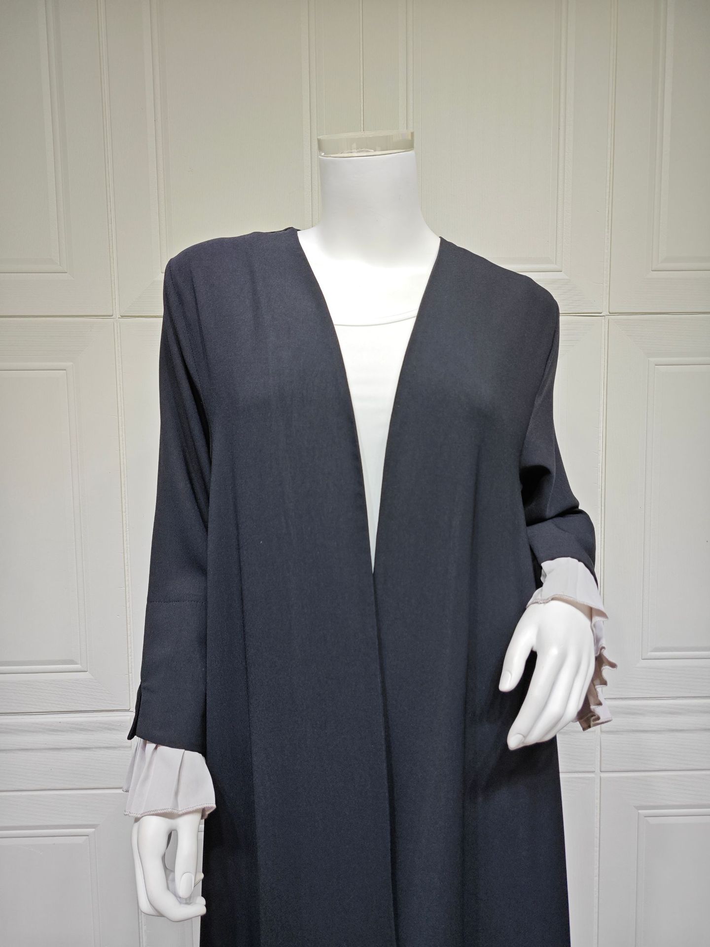 Elegant Cardigan Black Abaya with Pleated Hem MQ249 (3)