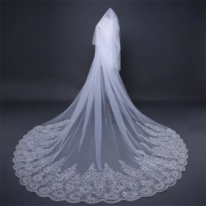 EU Trailing Wedding Veil with Sequins Lace and Diamond Bridal Veil