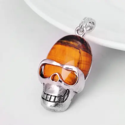 Tiger Eye Semi Precious stone Skull Alloy Pendant