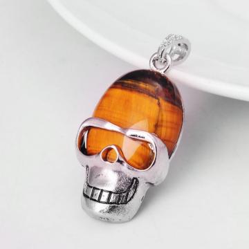 Tiger Eye Semi Precious stone Skull Alloy Pendant