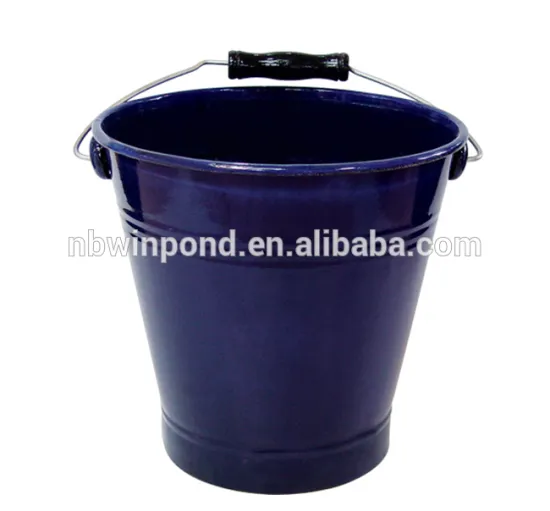 Blue finished outside camping enamel pail with wooden handle