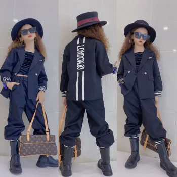 Girls jacket casual trousers black stitching girls 2 piece clothing sets suits teen girls clothes