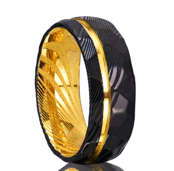 8mm Diamond Hammered Damascus Steel Ring with Gold Strip and Raised Edges - Tension Setting Wedding Ring for Men
