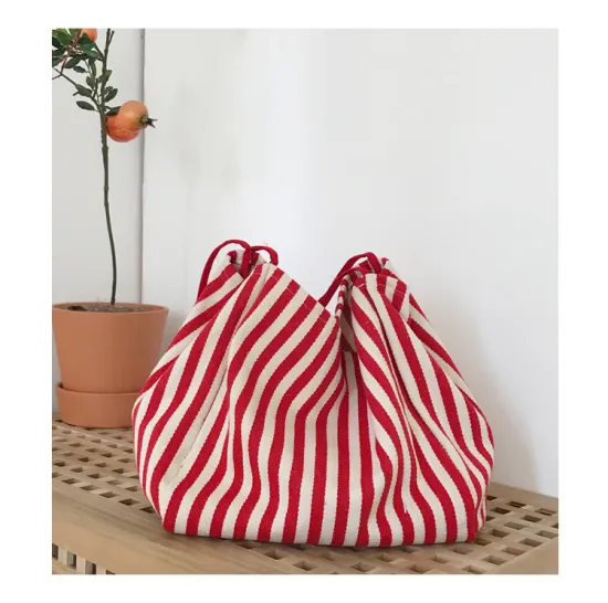 Customizable Large Capacity Red Striped Canvas Tote Bag