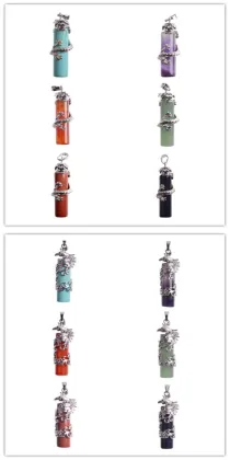 Dragon and Phoenix Pendant Column Pillar Pyrite Natural Gemstone Tribal Ethnic Carved Necklace - Stainless Steel Bail