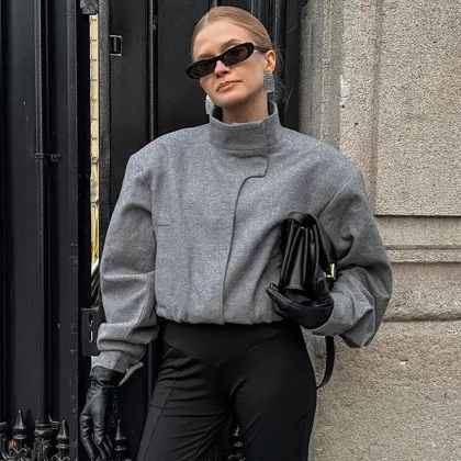 2024 Women's Woolen Gray Long Sleeve Irregular Jacket with High Collar