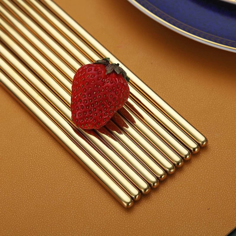 10 Pairs Reusable Chopsticks, Titanium Gold Plating Stainless Steel Metal Chop Sticks