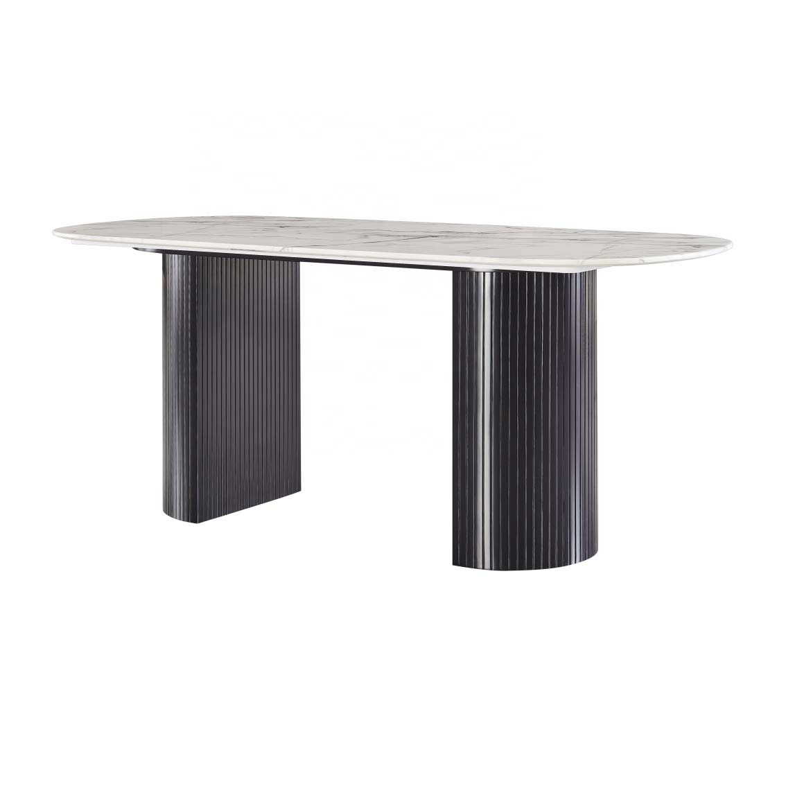 Mesa de mármore artificial Top Mesa Aço carbono Conjuntos de mesa de perna preta