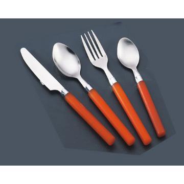 Red plastic handle stainless steel flatware