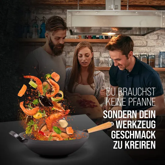 Wholesale Traditional Hand Made Frying Pan Cast Iron Wok with Wooden Handle Cookware Non Coating cast iron woks