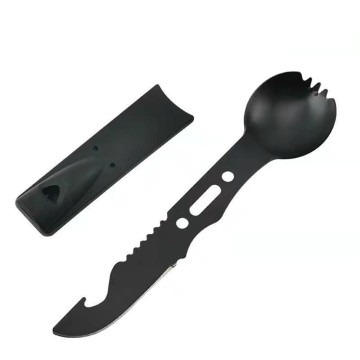 Şişe açıcı, düdük, testere bıçak ve ip ile 7 arada çok işlevli kamp spork paslanmaz çelik kap