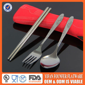 SS410 travel cutlery in pouch made by China(spoon chopsticks fork)