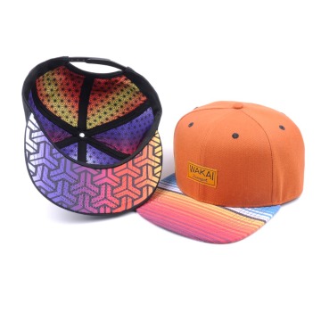 Nuevo estilo de impresión de ala plana 6 tapa del panel personalizado de cuero acrílico simple patch snapback