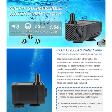 Heto 53GPH Submersible Pump (200LPH, 3.5W), 1.6ft High Lift, 6.4ft cord Fountain Pump untuk Tangki Ikan, Kolam, Akuarium, Hidroponik