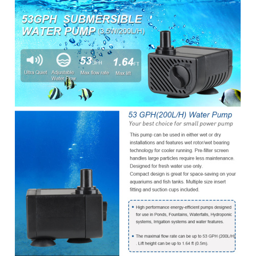 Heto 53GPH Tauchpumpe (200LPH, 3,5 W), 1,6 Fuß hoher Hub, 6,4 Fuß Schnurbrunnenpumpe für Aquarium, Teich, Aquarium, Hydroponik