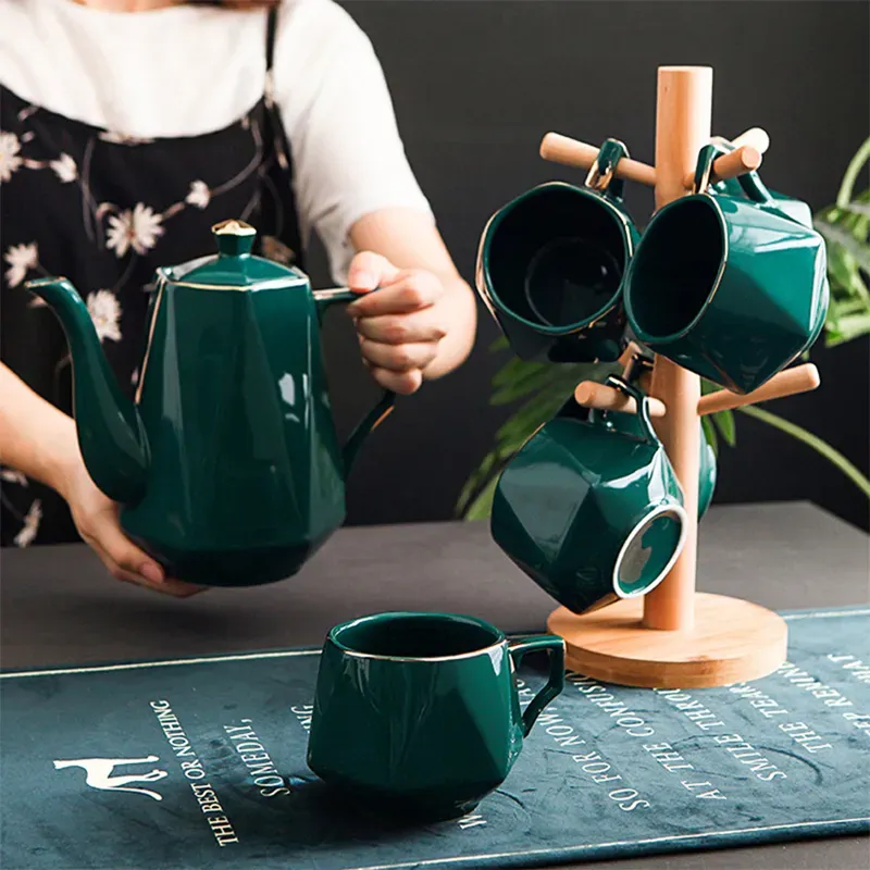 Vintage Gold-Rimmed Peacock Green Coffee Set