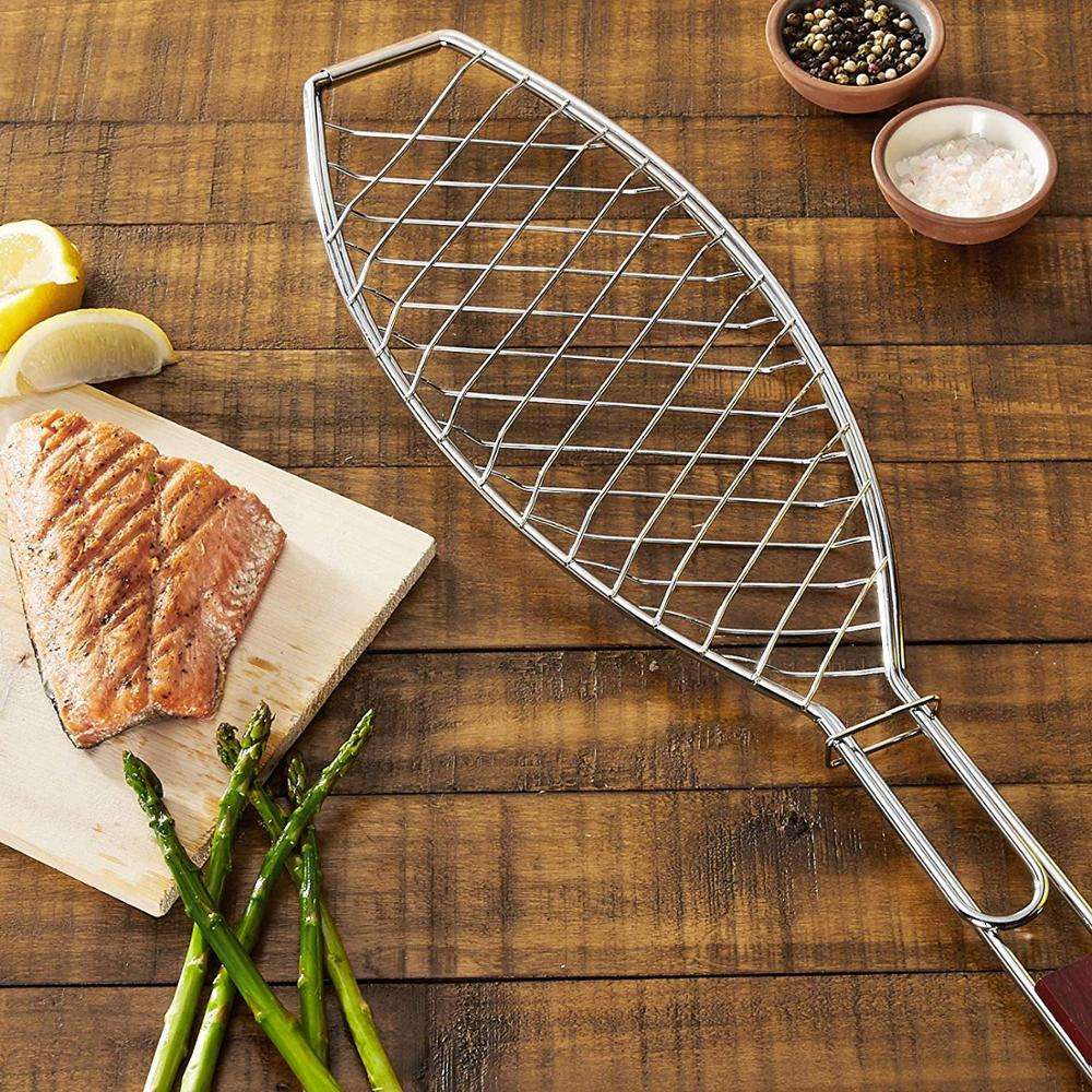 Panier de grill à poisson avec poignée en bois