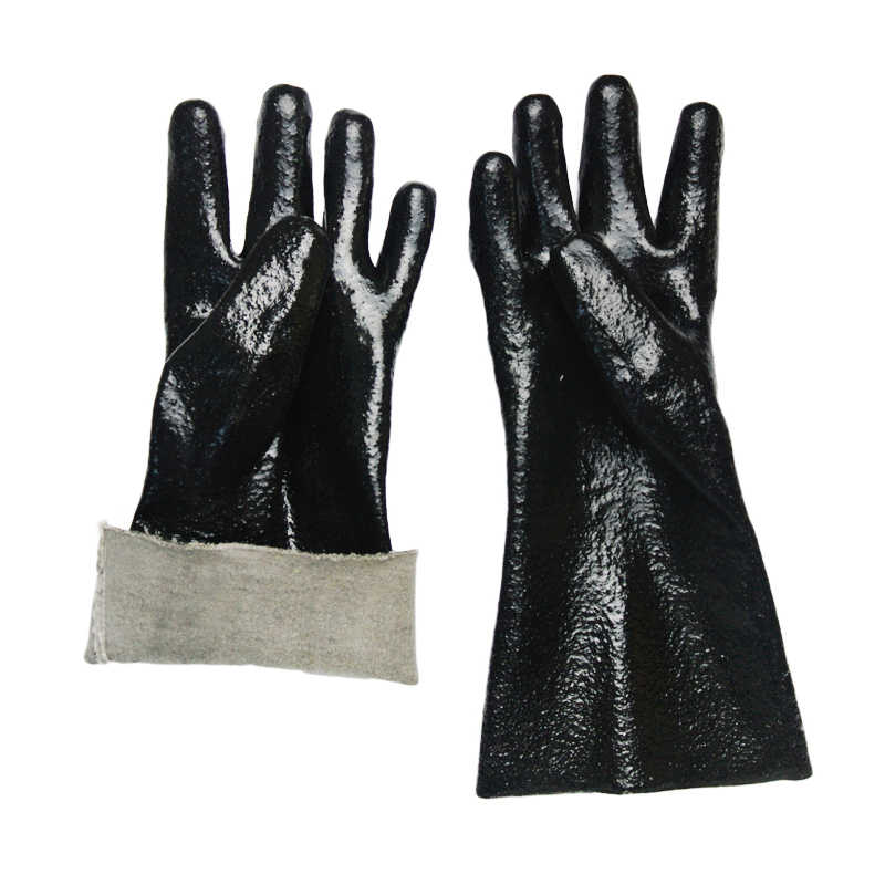 Black Single Dipped. Rough Finish.Gauntlet PVC Glove