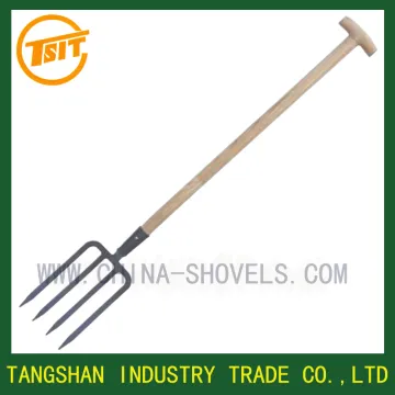 wooden handle T grip steel garden fork