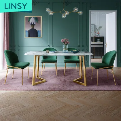 Linsy Italian Marble Dining Table Set with Chairs, Gold Stainless Steel LS147R1-A