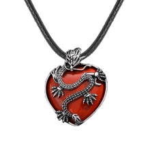 Red Jasper Heart Antique Silver Dragon Gemstone Pendant (32x42mm) Necklace 45cm Black Cord