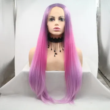 Wholesale high quality long straight cheap heat resistant ombre pink synthetic wig with lace frontal