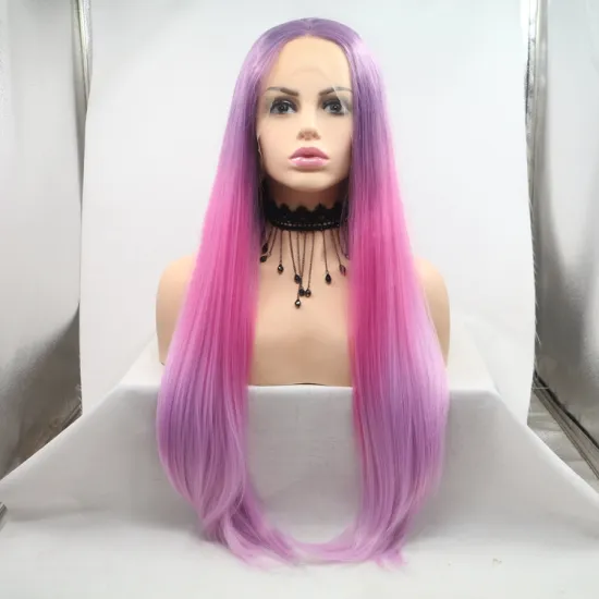 Wholesale high quality long straight cheap heat resistant ombre pink synthetic wig with lace frontal
