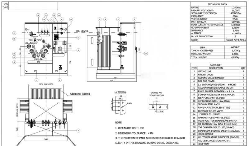 1250kva 11:0.4 pad mounted transformer drawin
