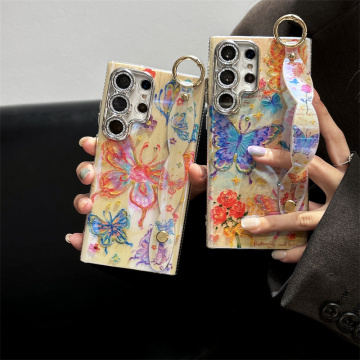 Korean-Style Blue Rhinestone Butterfly Phone Case for Samsung S24 Ultra, S23 Lens Film, S22 Ultra, S21 Ultra - Anti-Fall Protection