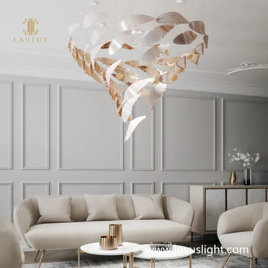 White and yellow leaf shape chandelier Restaurant chandelier Light luxury high-end hotel restaurant chandelier Custom project