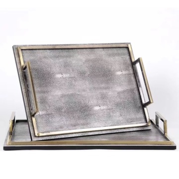 Luxury Grey Serving Tray with Gold Metal Handles - Decorative Ornament for Home