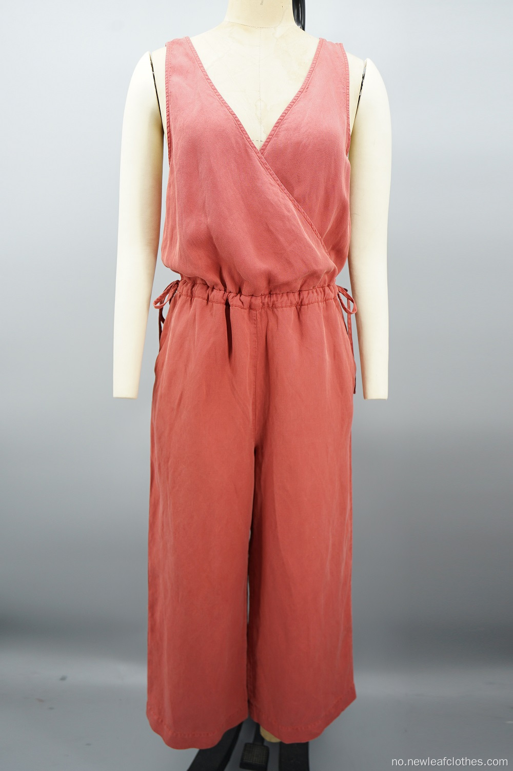 Kvinner casual v-hals bred ben ermeløs innpakning jumpsuit