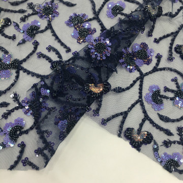 Paillettes de polyester et tissu de broderie de bordure de perles