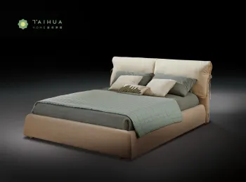 Light Coffee Upholstery Bed with Headboard Cushion