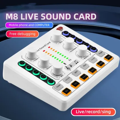 Wireless Digital Audio Mixer with Noise Reduction M8 Sound Card for Live Streaming, Broadcast, Podcasting