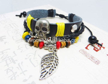 Leather Bracelets Beaded Jewelry for Lovers Leaf Charm Skull Head