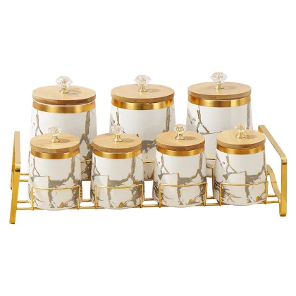 Wholesale Golden Marble Ceramic Storage Jar with Bamboo Lid