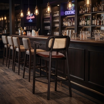 High Back Ash Wood Bar Chairs With Armrest Soft Cushion Commercial Bar Stools for Coffee Shop Bar Dessert Store