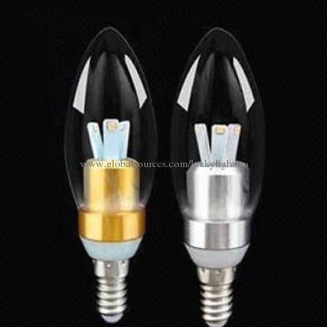 3W LED Candle Bulbs, CE/RoHS Mark, E14/E27 Base, 100-240V AC Voltage
