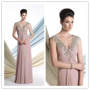 OEM Pink Chiffon Sleeveless Deep V Neck Bridesmaid Dress