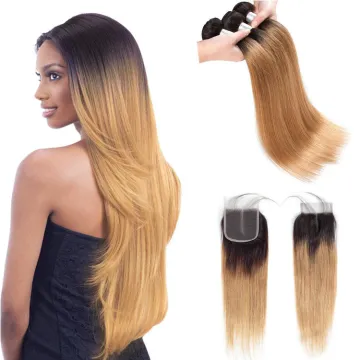1B27 ombre Blonde Hair Bundles With Closure 3 Bundles With 4x4 Lace Closure Brazilian Straight Hair Remy Human Hair Extensions