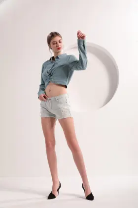 Women's Light Blue Denim Crop Shirt