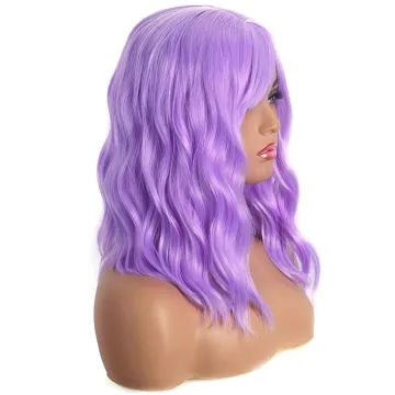 Prmmonre Short Wavy Wig with Flat Bangs 14" Light Purple Synthetic Natural Hair Heat Resistant Fiber Cosplay Wig for Women