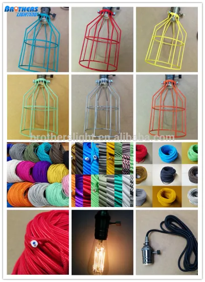 Metal iron cage-vitage style lampholder socket, wire round cord, pug, Edison light bulb