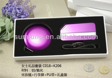 Aluminum luggage tag with portable aluminum makeup mirror gift box packing