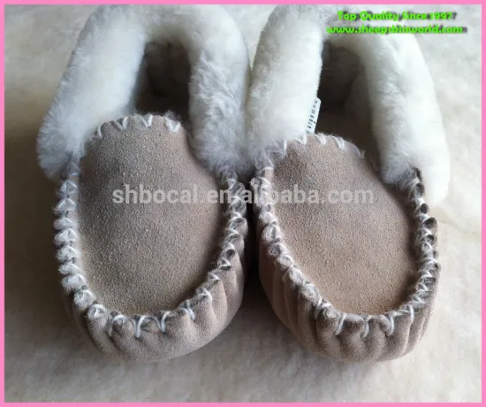 100% handmade leather upper sheepskin moccasins