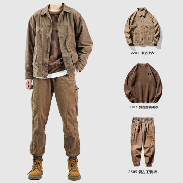 American Sportswear Herren Frühling/Herbst Schwere Retro-Jagdjacke und Frachthose 3-teiliger Set